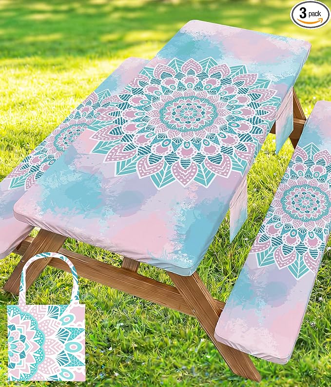 Picnic Table Cover with Bench Covers Waterproof Elastic Rectangle Reusable Folding Tablecloth Mantelería Manteles Camping Essentials Rv Car Travel Supplies Table Cloth Outdoor Road Trip Camper Gifts