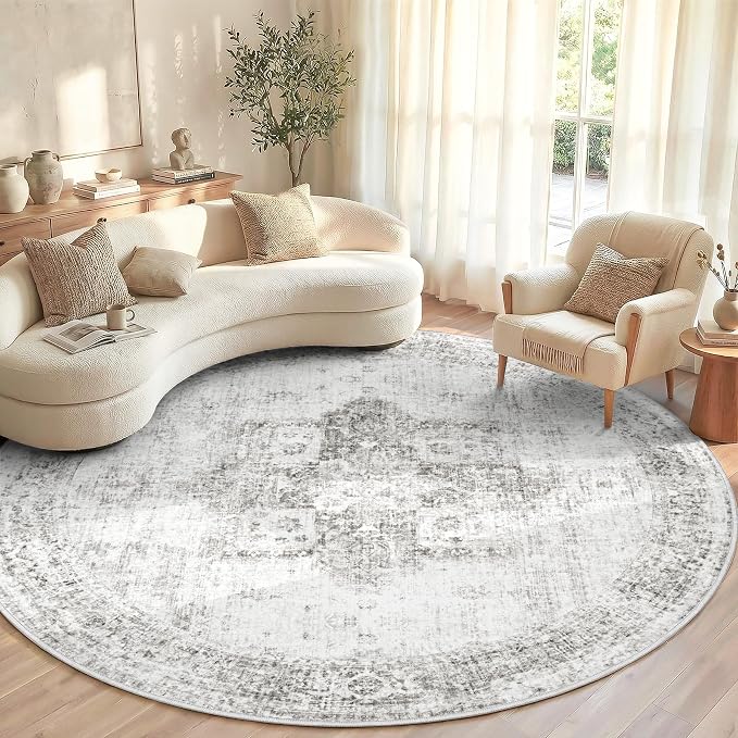 Round Rugs 6ft Washable Rug, Vintage Boho Medallion Rugs Non-Slip Soft Low Pile Circle Distressed Rug Indoor Retro Carpet for Living Room Bedroom Dining Room Home Office (Grey, 6' Round)