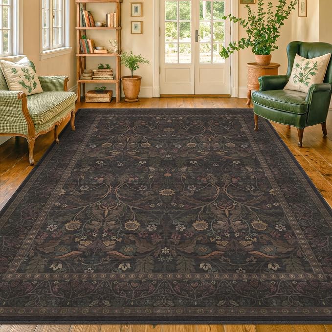 9x12 Botanical Big Rugs for Living Room, Machine Washable Soft Flower Area Rugs for Bedroom, 9 by 12 Dining Room Rugs for Under Table Non Slip (Dark Brown & Olive)