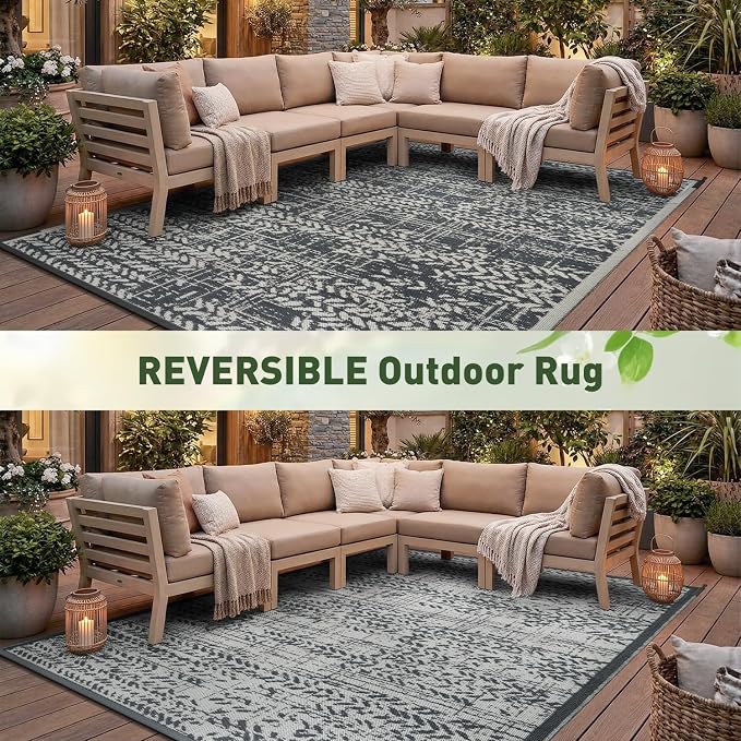 MontVoo Outdoor Rug Waterproof-Patio Rug Mat 6x9 Outdoor RV Camping Picnic Beach Mat Plastic Straw Rugs Outside Outdoor Area Rugs for Balcony Deck Backyard Grey