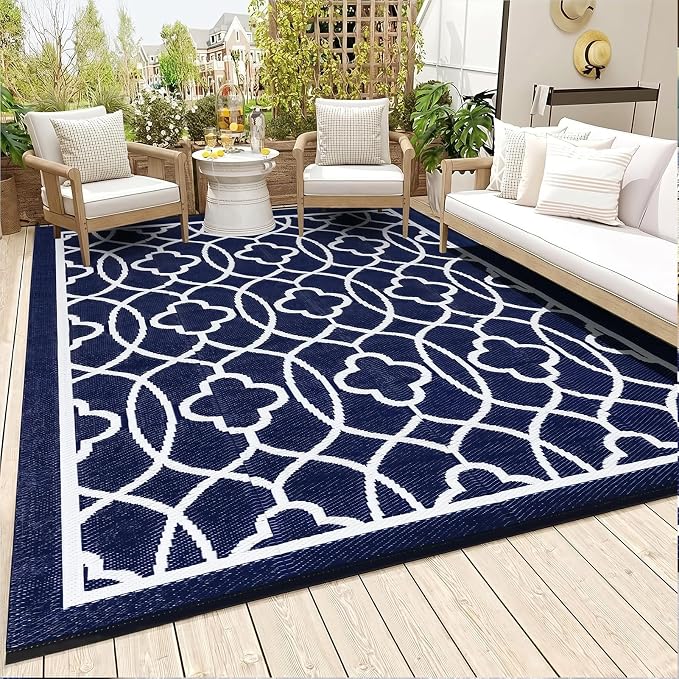 Pendolr Outdoor Rugs 9x12 for Patios Clearance - Waterproof Reversible Indoor Outdoor Rugs Carpet, Portable Plastic Straw Rug for RV Camping, Picnic, Beach, Porch, Deck(01#,Navy&White)