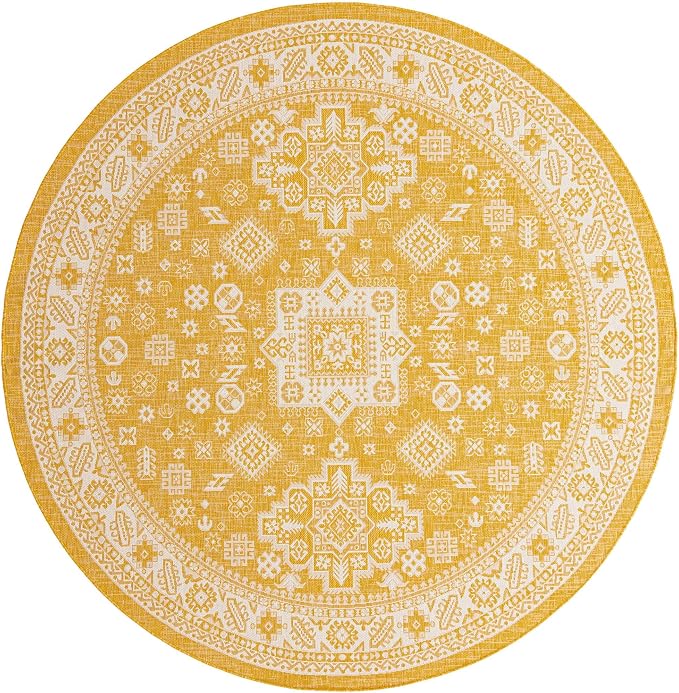 Unique Loom Outdoor Aztec Collection Area Rug - Chalca (10' Round, Yellow/ Ivory)