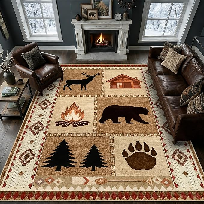 8x10 Cabin Bear Rustic Area Rug for Living Room Lodge Deer Wildlife Large Rug Country Farmhouse Westen Machine Washable Non-Slip Printed Low-Pile Indoor Carpet for Bedroom Dining Room Office