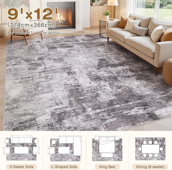 kakania Abstract 9x12 Area Rugs for Living Room: Washable Rugs Grey | Soft, Non-Slip, Low-Pile, Pet & Kid Friendly - Large Modern Home Decor Carpet for Bedroom/Dining Room/Office/Nursery