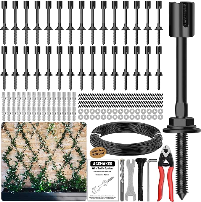 Wire Trellis Kit 30-Set 5/64” Black Crosshead w/Cutter&150' Cable | T316 PVD black stainless steel hubs, vinyl coated cable, wall wire trellis system for outdoor climbing plants