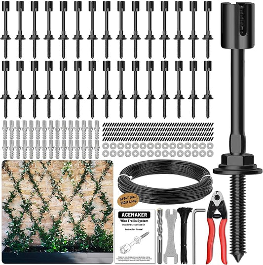 Wire Trellis Kit 30-Set 5/64” Black Crosshead w/Cutter&150' Cable | T316 PVD black stainless steel hubs, vinyl coated cable, wall wire trellis system for outdoor climbing plants