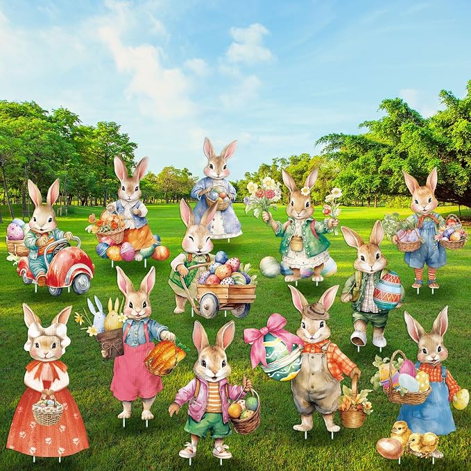 Menkxi 12 Pcs Easter Vintage Bunny Yard Signs Rabbit Lawn Sign Plastic Outdoor Decoration Spring Easter Yard Decor with Stake for Wedding Party Supplies Garden Patio Walkway Home Photo Prop