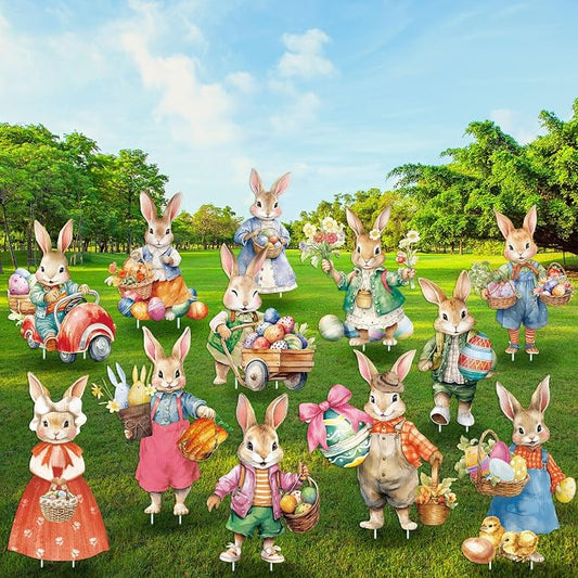 Menkxi 12 Pcs Easter Vintage Bunny Yard Signs Rabbit Lawn Sign Plastic Outdoor Decoration Spring Easter Yard Decor with Stake for Wedding Party Supplies Garden Patio Walkway Home Photo Prop