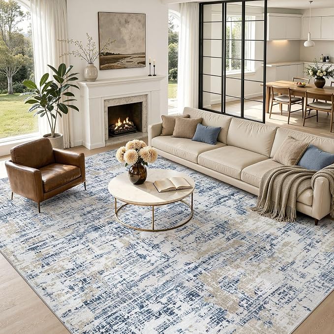 Nakagishi 8X10 Abstract Washable Area Rugs for Living Room-Blue Golden | Modern Non-Slip Silicone Backing Low Pile Soft Carpet for Bedroom Dining Decor Ideal for Families with Kids and Pets