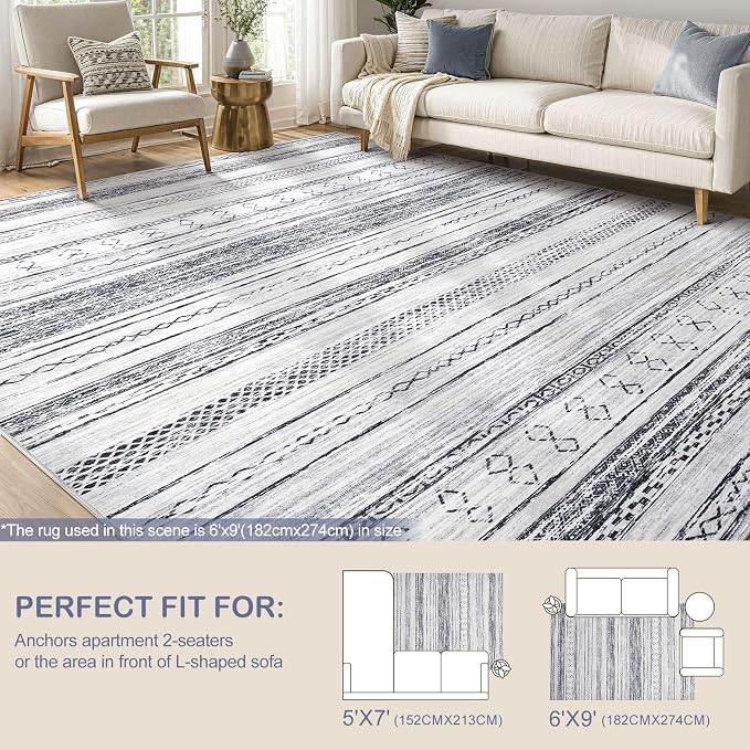 Tortania Area Rug Living Room Rugs - 5x7 Washable Large Soft Neutral Boho Moroccan Bohemian Farmhouse Rug Indoor Floor Carpet for Bedroom Under Dining Table Home Office Decor - Grey