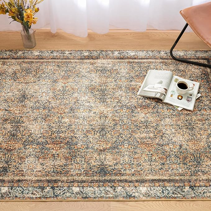Phantoscope Washable Area Rug 6'x9' Non-Slip, Vintage Neutral Rugs for Living Room, Bedroom, Dining Room, Distressed Boho Floral Medallion Pattern, Low-Pile Foldable Carpet, Brown/Charcoal Spice