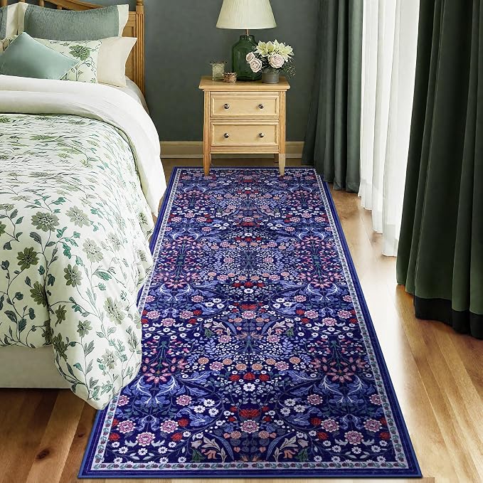 PLHXFR 2.6x8 Washable Runner Rug：Floral Indoor Kitchen Soft Carpet Blue | For Hallway Bedroom Kitchen Laundry Bathroom Dorm,Vintage Floral,Machine washable,Non Slip,Stain Resistant,Indoor Floor