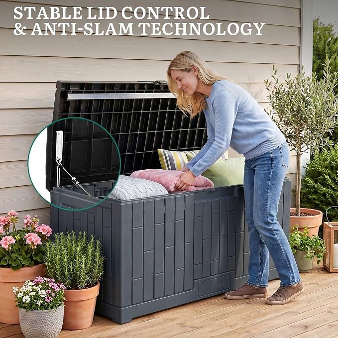 YITAHOME Large Outdoor Storage Box, 120 Gallon Waterproof Resin Deck Box w/Slide-Locking Black Lid, Patio Storage Bin and Bench Seat for Garden Tools, Cushions &Pool Supplies, Easy Assembly, Dark Gray