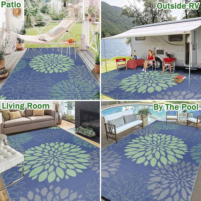 Ileading Waterproof Outdoor Rug 6x9, Reversible Plastic Straw Patio Rug, Portable Indoor Outdoor RV Camping Mat Carpet for Deck, Porch, Balcony, Backyard, Picnic, Floral Navy Blue
