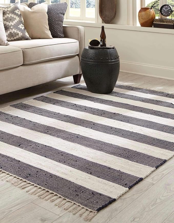 Unique Loom Chindi Rag Collection Area Rug - Striped (8'x 10' Rectangle, Navy Blue/ Ivory)