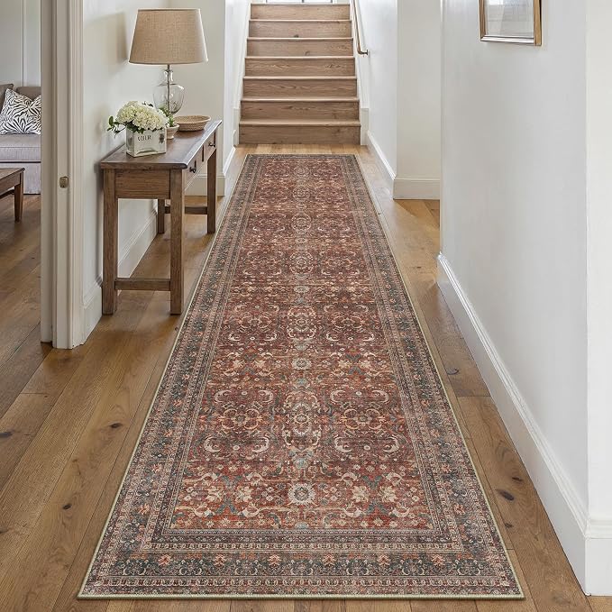 2x12 Brick Red Vintage Distressed Washable Runner Rug for Hallway | Low Pile, Non Slip, Retro Style, Soft Distressed Long Hallway Runner for Kitchen, Entryway, Laundry, Bedroom, Home Decor