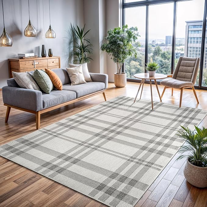 CAMILSON Easy Jute Rug 5x7, Indoor Outdoor Off-White Color Fiber Area Rugs for Living Room Patio and Kitchen Rug Checkred Boho Woven Design, Easy-Cleaning, Washable Outside Carpet (5 x 7)