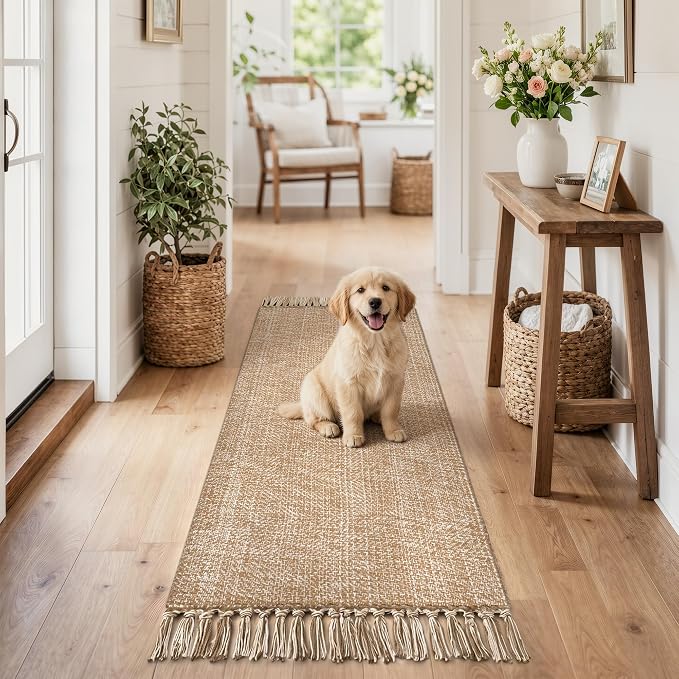 Bathroom Runner Rug, 2' x 5' Modern Farmhouse Kitchen Rugs | Hand-Woven Entryway Rugs Runners for Hallway, Tan/Cream Boho Washable Laundry Carpet, Indoor Front Door Mat for Bedroom Patio