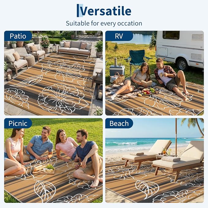 Garvee 9x12 Outdoor Waterproof Rug, Floral Outdoor Area Rug，Reversible Plastic Straw Patio Rug, Portable Camping Mat for RV, Picnic, Beach, Balcony, Garden & Camping Black&Brown