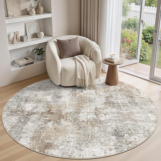 6Ft Round Area Rug Washable Abstract Rugs for Living Room Light Brown/Grey | for Bedroom, Dining Room, Office, Nursery, Soft Neutral, Low Pile Non-Slip, Kid Pet Friendly, Large Indoor Carpet, Home Decor