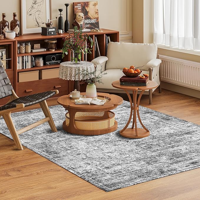 Washable Area Rug 8' x 10' Vintage Traditional Persian Mat - Foldable Distressed Non-Slip Machine Washable Carpet for Living Room Bedroom Kitchen Home Decor - Graphite and Mist