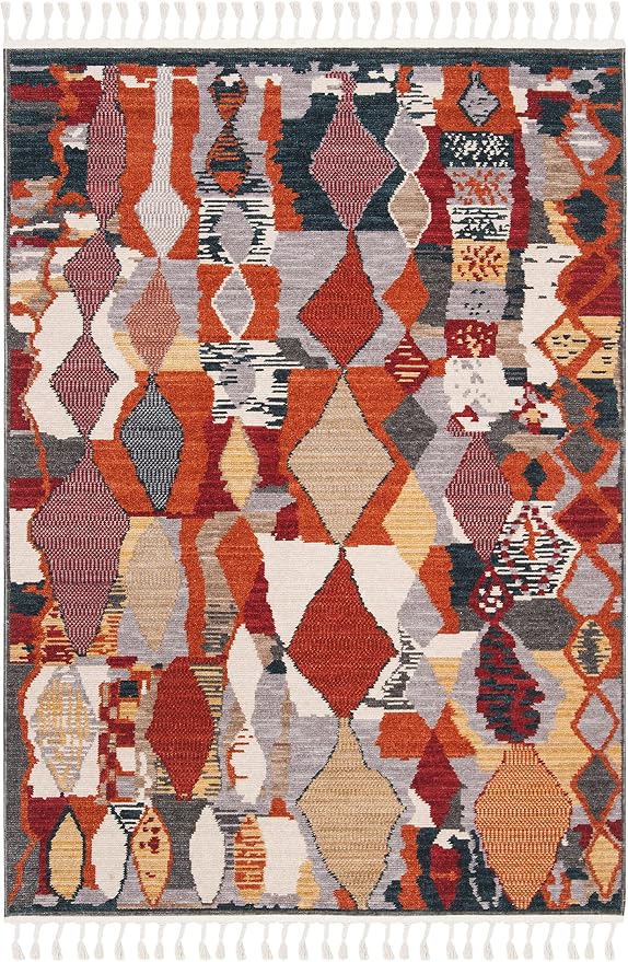 SAFAVIEH Farmhouse Collection Accent Rug - 4' x 5'4", Orange & Navy, Boho Moroccan Tribal Tassel Design, Non-Shedding & Easy Care, Ideal for High Traffic Areas in Foyer, Living Room, Bedroom (FMH853P)