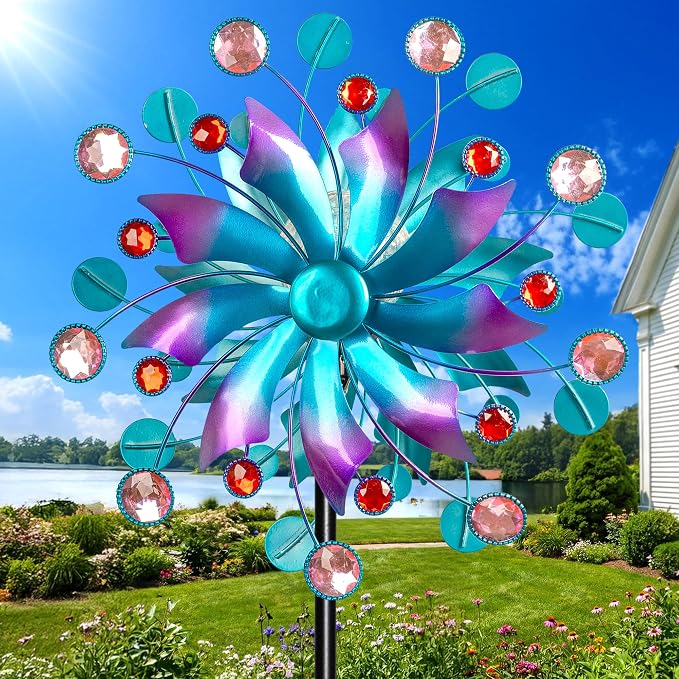 360°Solar Wind Spinner with Lights Blue Metal Garden Outdoor Decor Yard Lawn Art Decor for Patio Kinetic Windmills Unique Gifts for Friends and Family 60.63'' H x 13.38'' Dia
