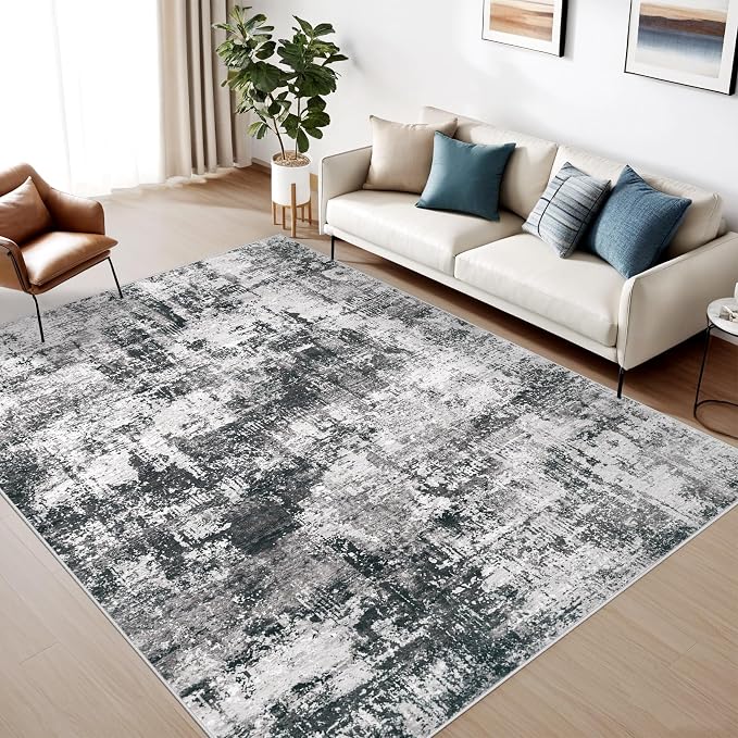5x7 Area Rugs Washable Rug: Abstract Neutral Rugs Modern Non Slip Area Rug Stain Resistant Low Pile Indoor Carpet for Dining Room Bedroom Nursery Office (Black Grey, 5'x7')