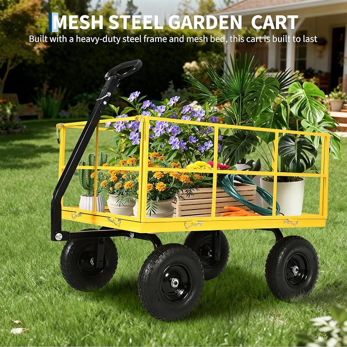 Garvee 1500 LB Heavy Duty Garden Wagon Cart, Outdoor Metal Utility Trailer | 13 in All Terrain Tires, 3-in-1 Yard Wagon Cart with Removable Side Panels for Outdoor Lawn, Yard, Backyard