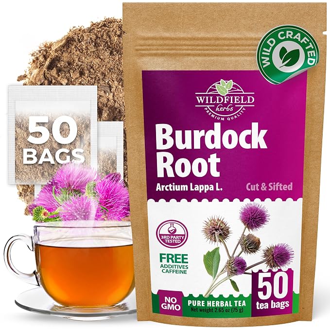 Wildfield Herbs 50 Bags Burdock Root Tea Herb Dried Burdock Root Tea Herb (Arctium Lappa Root) - 50 Count 1.5g Bags Bardana
