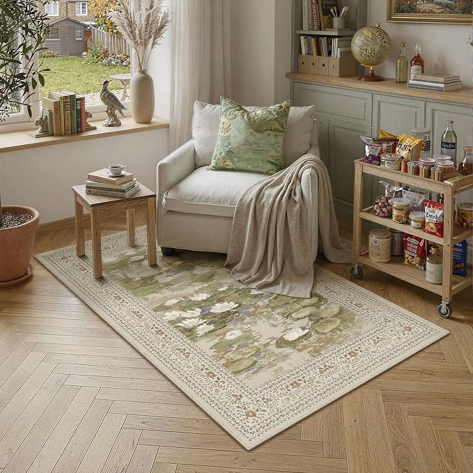 Beige Area Rug 3x5 Entryway Vintage Floral Non-Slip Carpet | Machine Washable, Soft, Low Pile, for Bedroom, Dining Room, Kids Room, Nursery, Office, Impressionist Farmhouse Decor