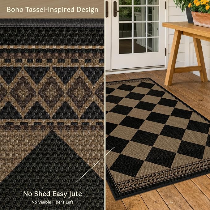 Easy Jute Indoor Outdoor Rug 3x5, Brown Black Checkered Patio Front Porch Rug Decor, Diamond Laundry Room Floor Mats, Boho Border Washable Non Slip Mat for Entryway, Kitchen, Backyard, Farmhouse Style