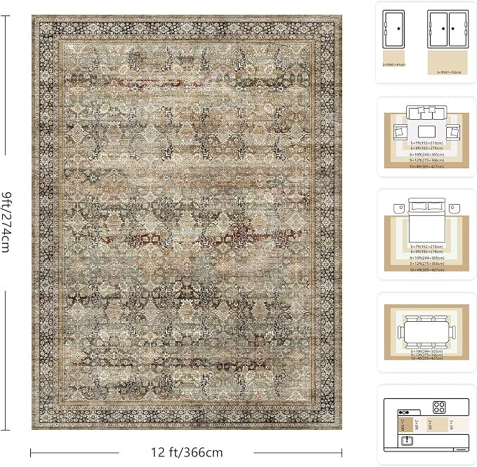 9x12 Area Rugs for Living Room - Washable Vintage Retro Large Rug, Soft Ultra Thin Non Slip Low Pile Traditional Distressed Boho Carpet for Bedroom Dining Room Home Office, Charcoal Olive
