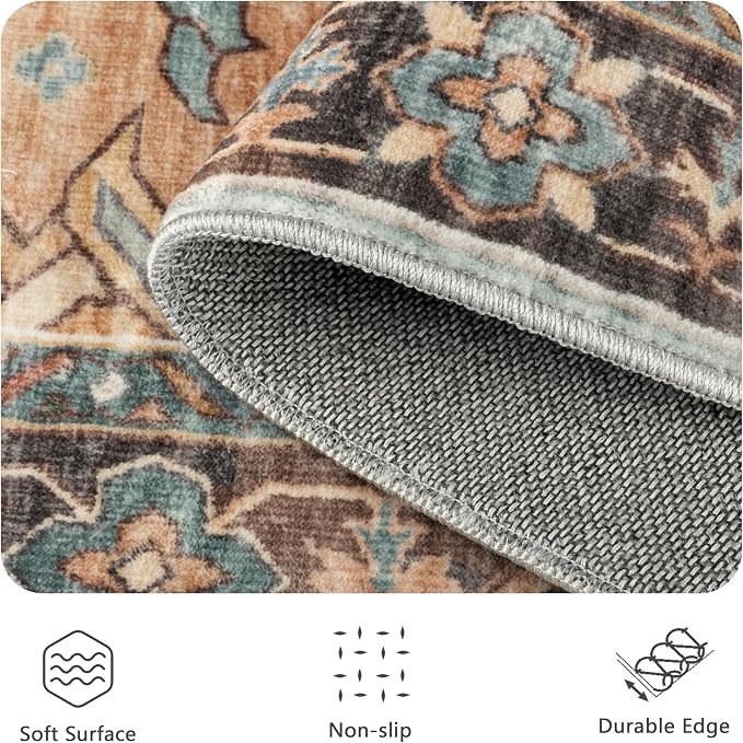 5x7 Area Rugs, Vintage Retro Soft Washable Rug, Non-Slip Low Pile Rugs for Living Room, Bedroom, Dining Room, Stain Resistant Home Decor Rug (Vintage Orange/Brick)
