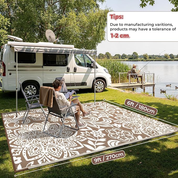 Findosom Waterproof Outdoor Rug 6' x 9' - Reversible Mandala Outdoor Plastic Straw Rug, Durable Foldable Patio Rug for RV, Deck, Balcony, Backyard, Picnic, Porch, Camping, Beach, Brown