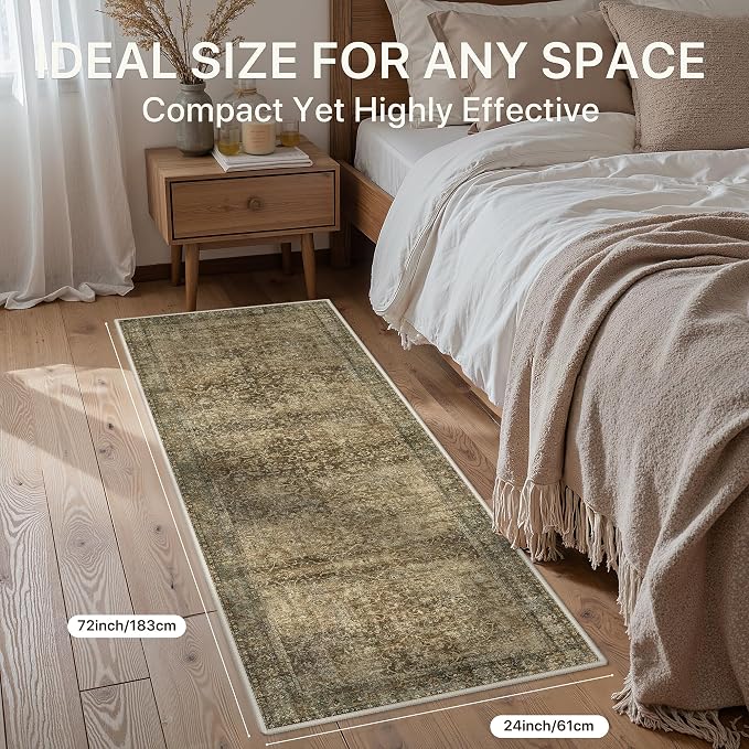 2x6 Washable Runner Rug Non Slip for Hallway, Green | Vintage Floral Print, Lightweight Low Pile Carpet for Kitchen, Bedroom, Bathroom and Laundry Room