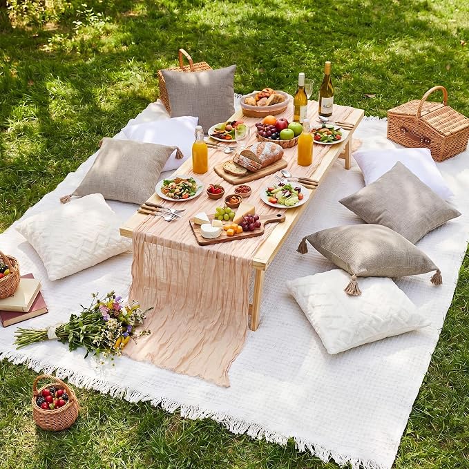 Yuntau Large Outdoor Boho Picnic Blanket with Table Runner 8 Pink White Red Pillows Covers No Pillow Summer Picnic Decor for Camp Birthday Party Bridal Shower Outdoor Backyard Garden(Khaki)