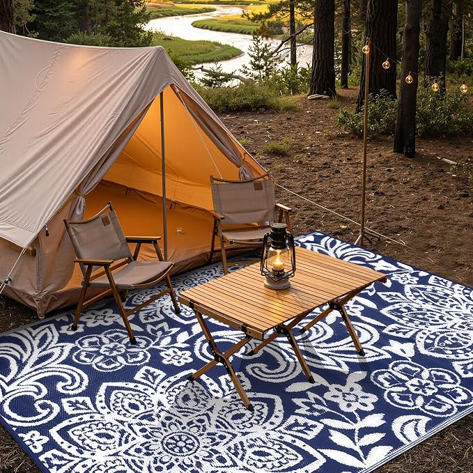Findosom Waterproof Outdoor Rug 6' x 9' - Reversible Mandala Outdoor Plastic Straw Rug, Durable Foldable Patio Rug for RV, Deck, Balcony, Backyard, Picnic, Porch, Camping, Beach, Navy