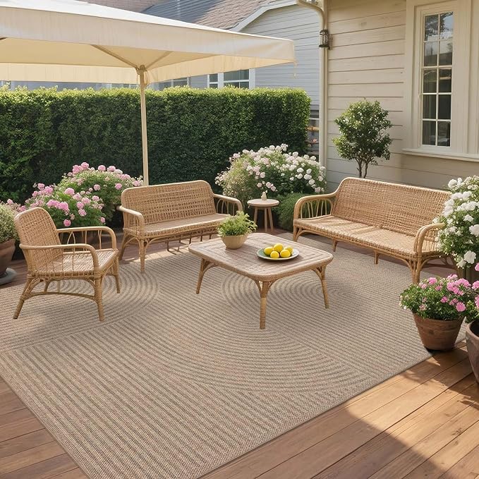 Easy Jute Rug 6x9 Outdoor: Natural Area Rugs for Patio Linen-Look Fabric Durable - Neutral Washable Carpet for Living Room Bedroom - Swirl Curved Pattern