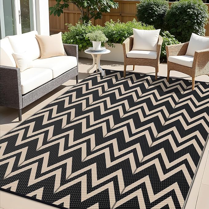 OLANLY Waterproof Outdoor Rug 6x9 ft Clearance, Reversible Outdoor Plastic Straw Rug, RV Mat, Indoor Outdoor Carpet for Patio, Camping, Balcony, Deck, Backyard, Black & Beige