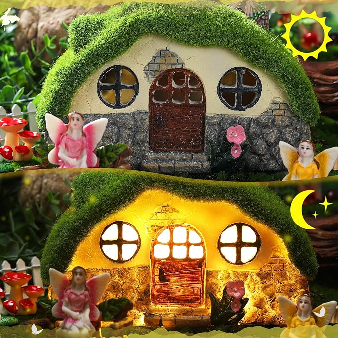 Roowest 57 Pcs Solar Fairy House Garden Accessories Kit Light up Mushroom House Resin Fairy Village Figures Garden Resin Miniature Fish Pond Figures Micro Landscape Outdoor Decorations
