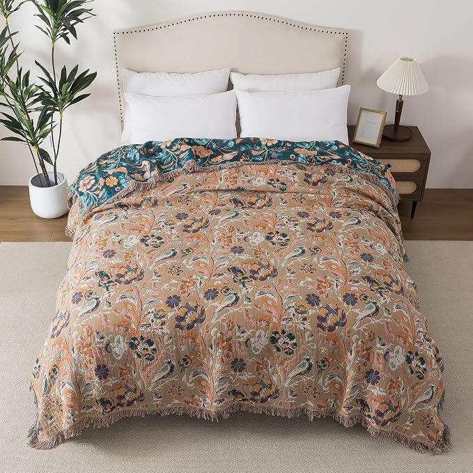 Phuryllic Boho Throw Blanket Twin Size, Soft Cozy Cotton Muslin Quilt Blanket for Bed Decor, Floral Patterned Couch Sofa Chair Cover, Vintage Farmhouse Cottage Tapestry Woven Blanket, Teal&Taupe