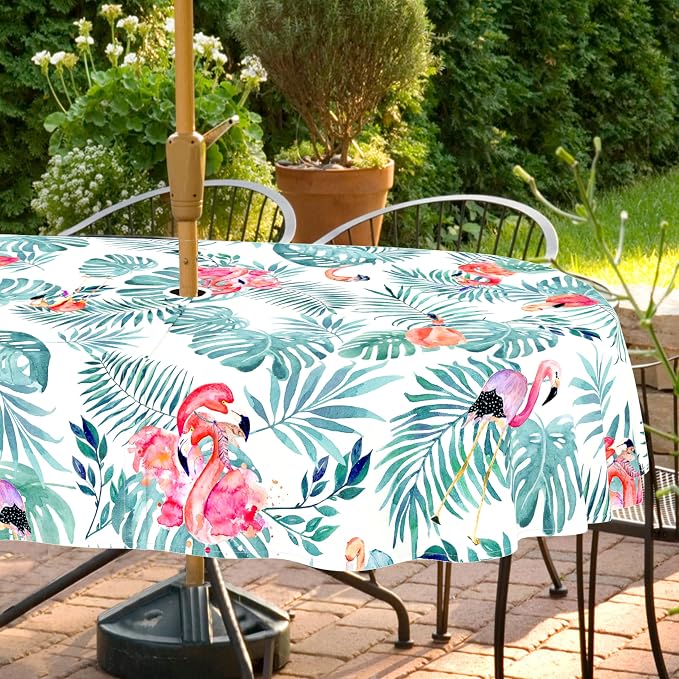 Outdoor Tablecloth with Umbrella Hole and Zipper, Rectangle Patio Table Covers for Spring/Summer, Machine Washable Outdoor Picnic Table Cloth (Flamingo, 60" × 120" Oval)