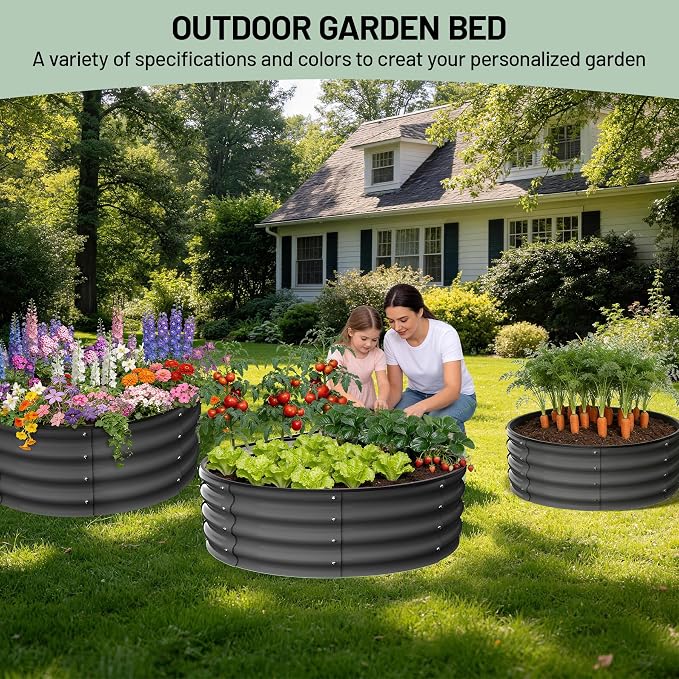 Garvee Galvanized Raised Garden Bed, 2Pcs Raised Garden Beds Outdoor, Round Planter Raised Beds with Gloves and Rubber Edge Trim for Vegetables, Flowers and Herbs, 2x2x1 FT, Dark Grey