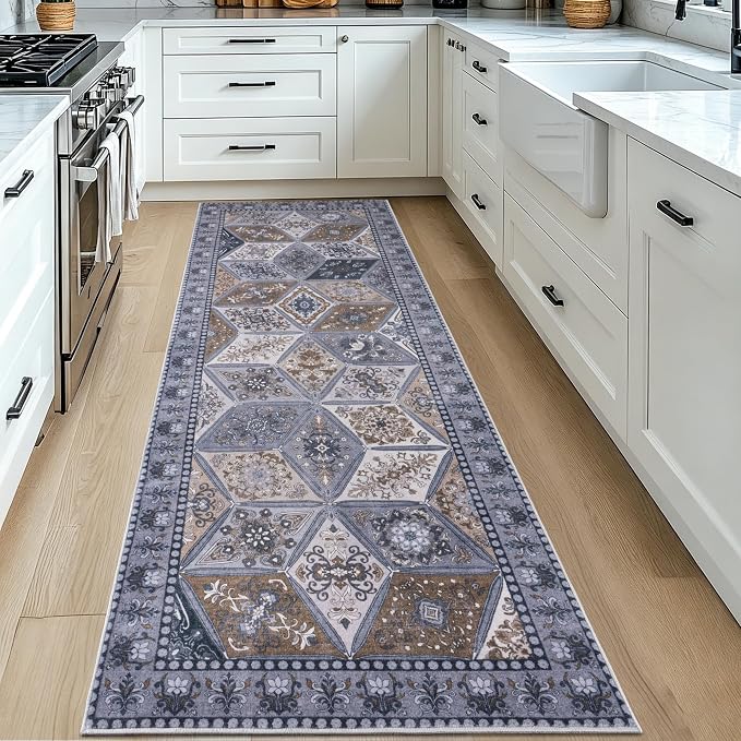 Moroccan Vintage Distressed Boho Geometric Dark Grey 2x6 Runner Rug | Washable Non Slip Throw Floor Long Carpet Runner for Hallway Entryway Kitchen Bathroom Bedroom Livingroom Light Grey