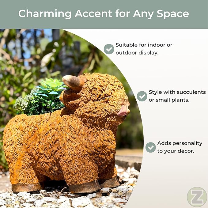 Zeckos Highland Cow Planter, Brown Painted Magnesium Oxide Animal-Shaped Freestanding Planter, 12 Inches Tall X 15 Inches Long X 8.25 Inches Wide, MGO Farmhouse Decorative Accent