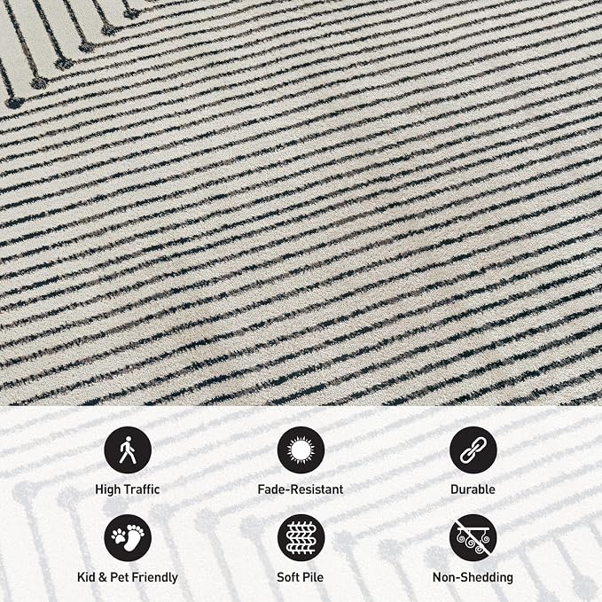 Rugshop Contemporary Bohemian Stripe Area Rug 7'10" x 10' Cream | Jute Backing, Soft Medium Pile, Stain Resistant, No Shedding, Living Room, Dining Room, Family Room, Great Room, Basement