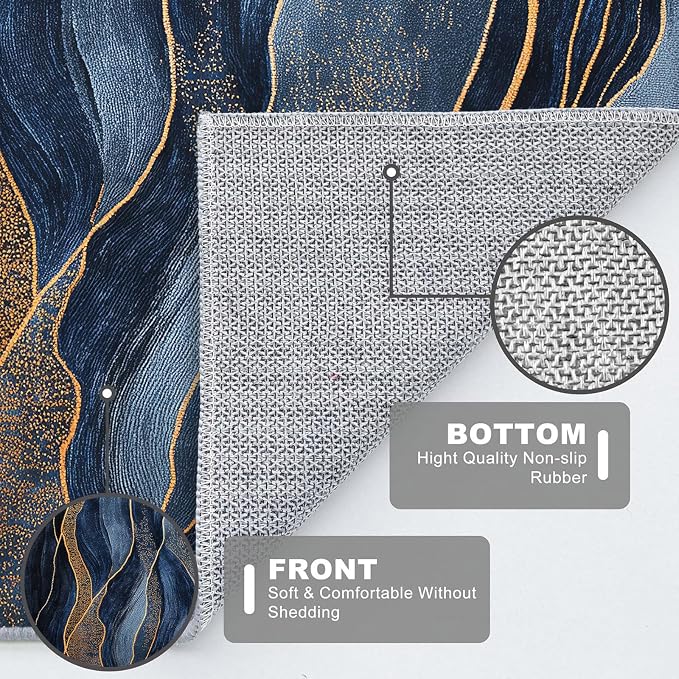 Abstract Area Rug Washable 2x3 Rugs for Living Room Bedroom Modern Navy Blue and Gold Non-Slip Soft Floor Large Carpet for Office Entryway Bathroom
