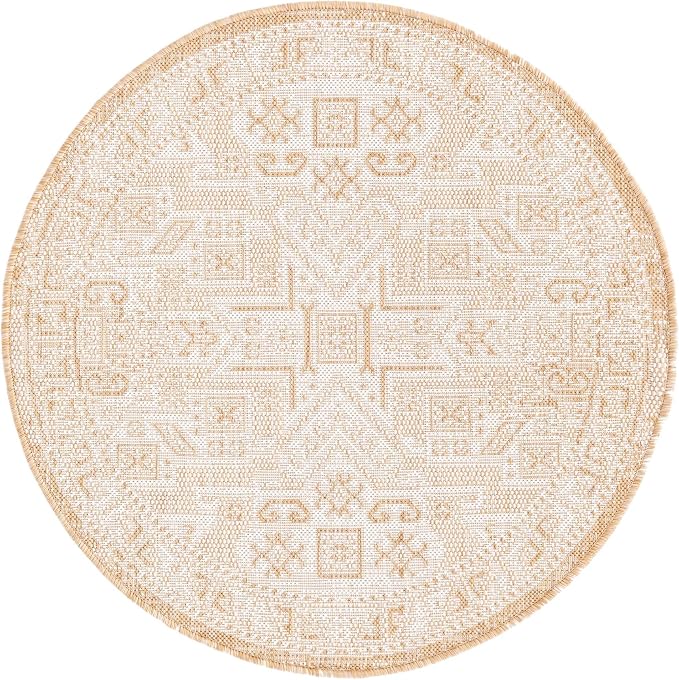 Unique Loom Outdoor Aztec Collection Area Rug - Coba (3' 3" Round, Natural/ Ivory)