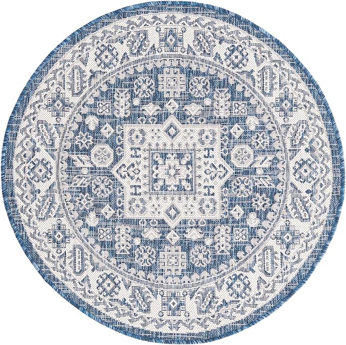 Unique Loom Outdoor Aztec Collection Area Rug - Chalca (3' 3" Round, Blue/ Ivory)